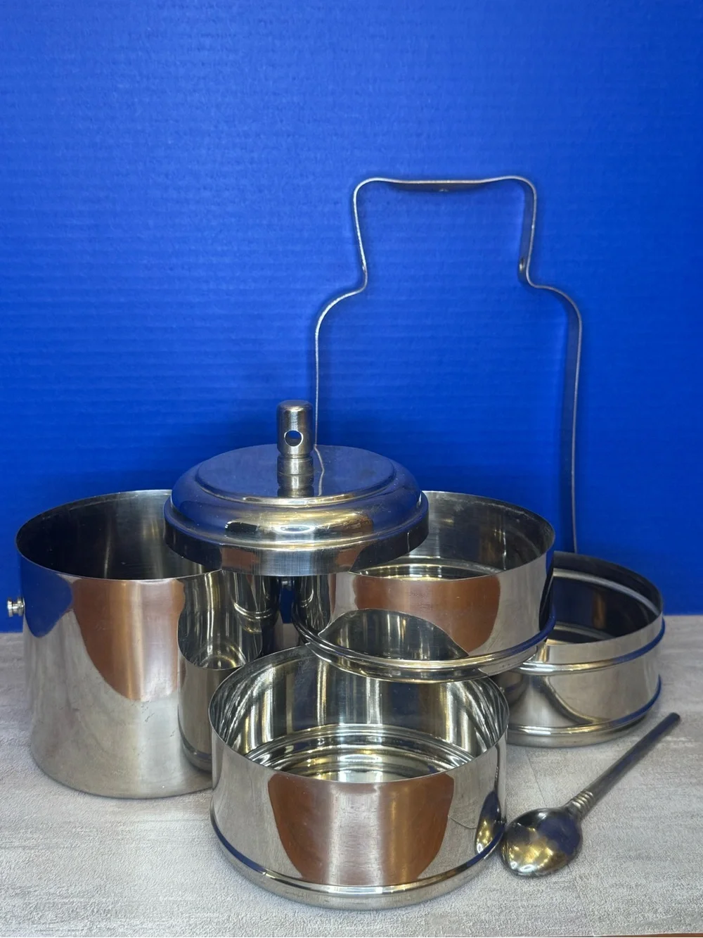 Stainless Steel Tiffin Lunch Carrier with Spoon - Silver 4 tier interlocking
